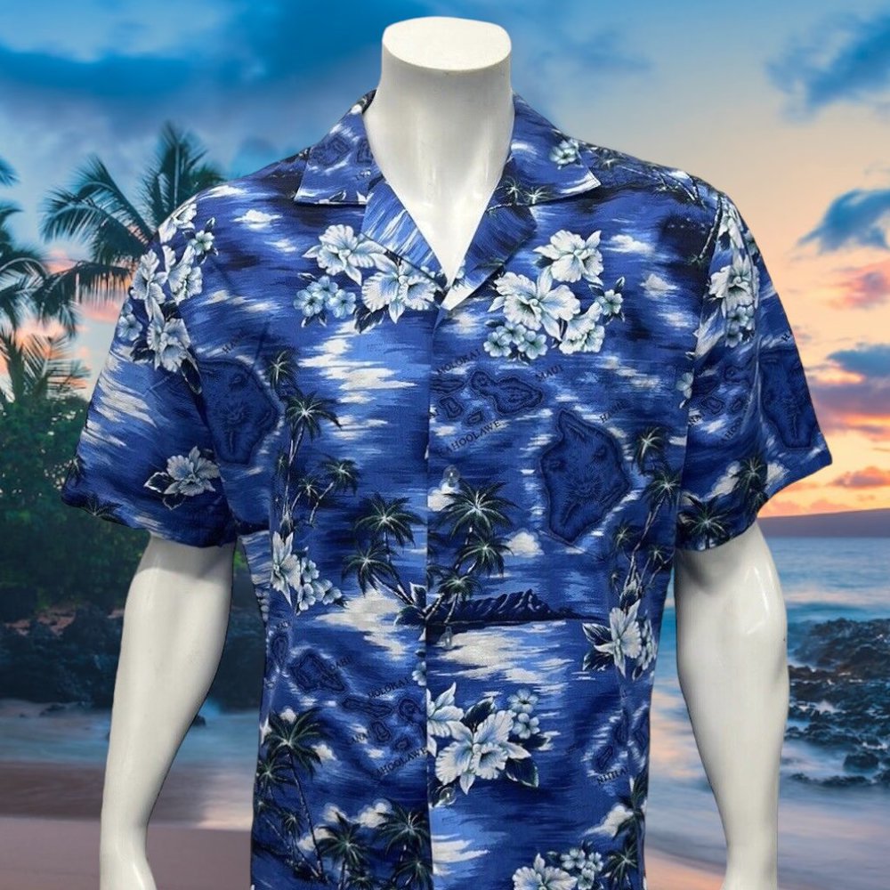 Vintage KY’s Blue White Floral Hawaiian Islands Shirt Made In Hawaii USA Large